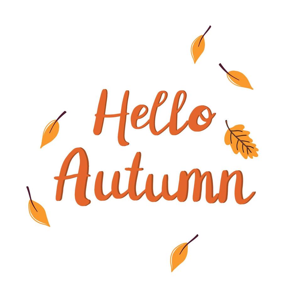 Card with Hello autumn phrase and cute season elements. Modern brush calligraphy. Isolated on white background. vector