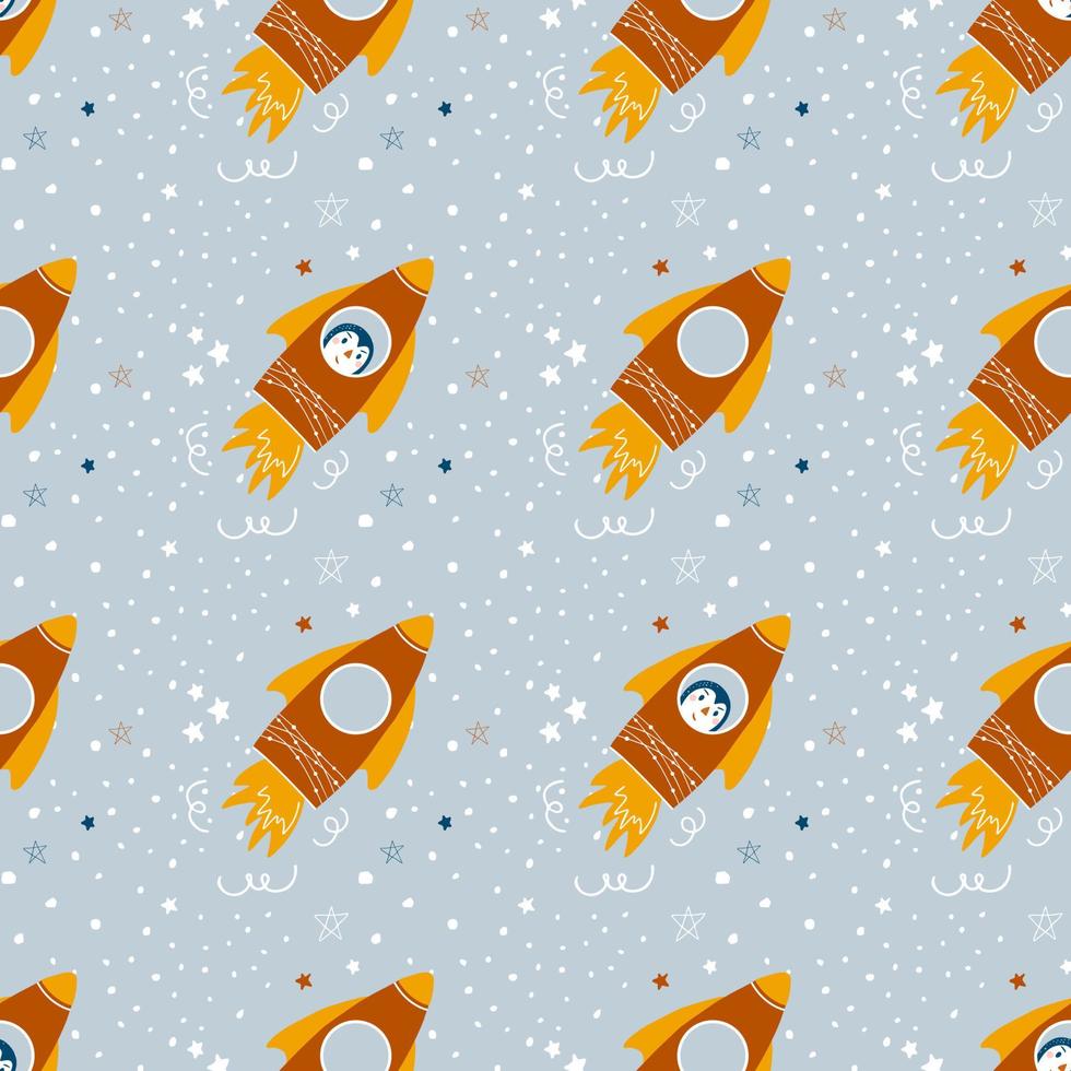 Cute seamless pattern with rockets and stars. Vector baby cosmic background in simple hand drawn Scandinavian style. Good for interior decorating, baby clothes, baby shower decor.