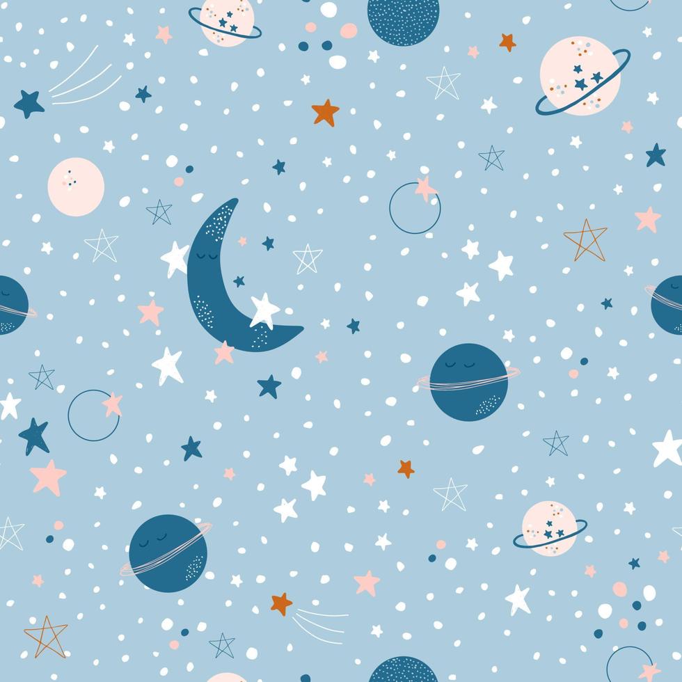 Cute seamless pattern with stars, moon and planets on blue background. Cosmic theme for children. Colorful vector illustration for baby shower, textile, clothes, wallpaper.