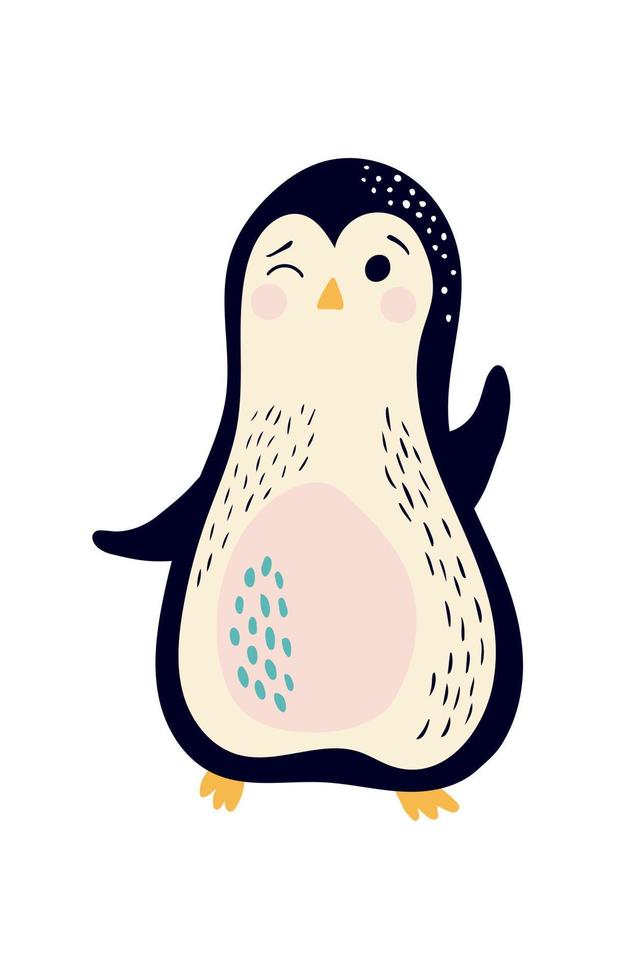 Cute vector illustration with penguin isolated on white background. Cartoon character in simple hand drawn style for nursery decor, baby clothes, baby shower decor, textile, wallpaper.