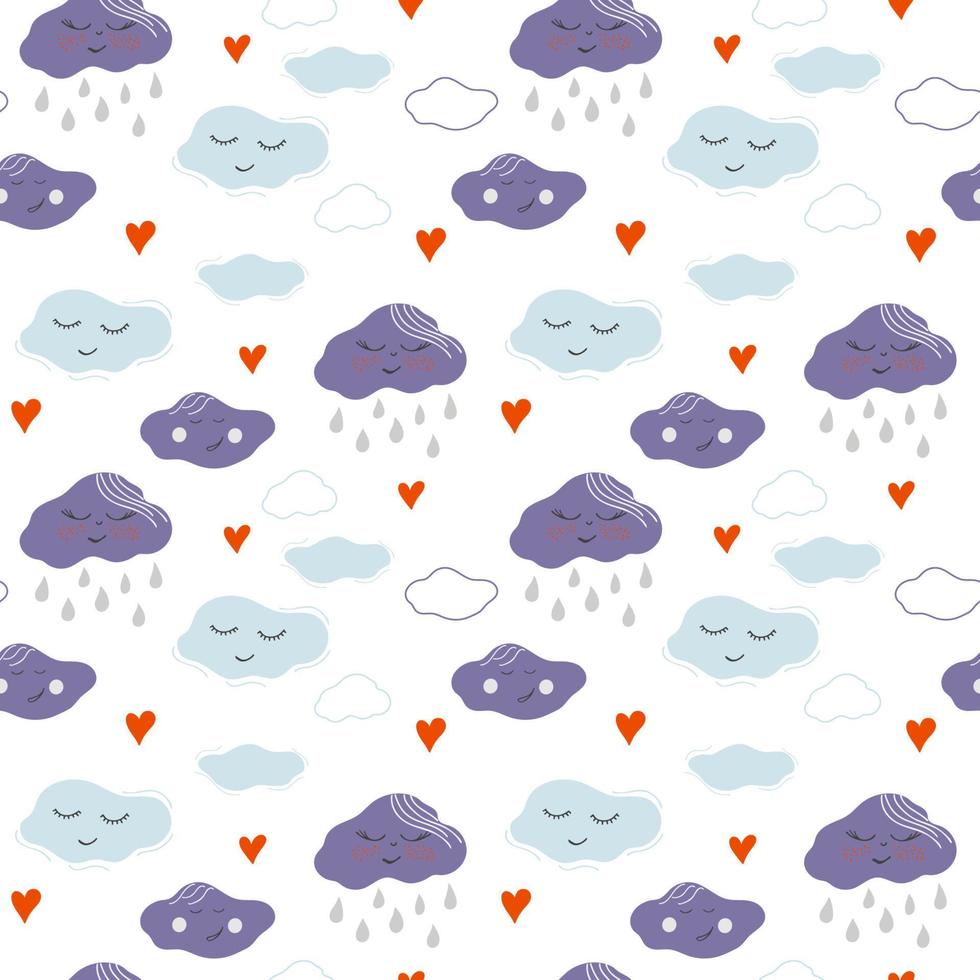 Seamless pattern with clouds, rain and hearts. Hand drawn vector illustration for kids textile, wallpaper, wrapping paper, pajamas.