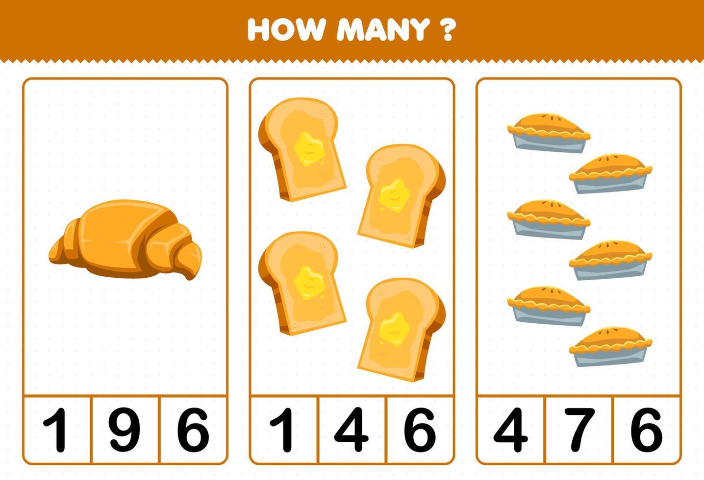 Education game for children counting how many cartoon food croissant toast pie vector