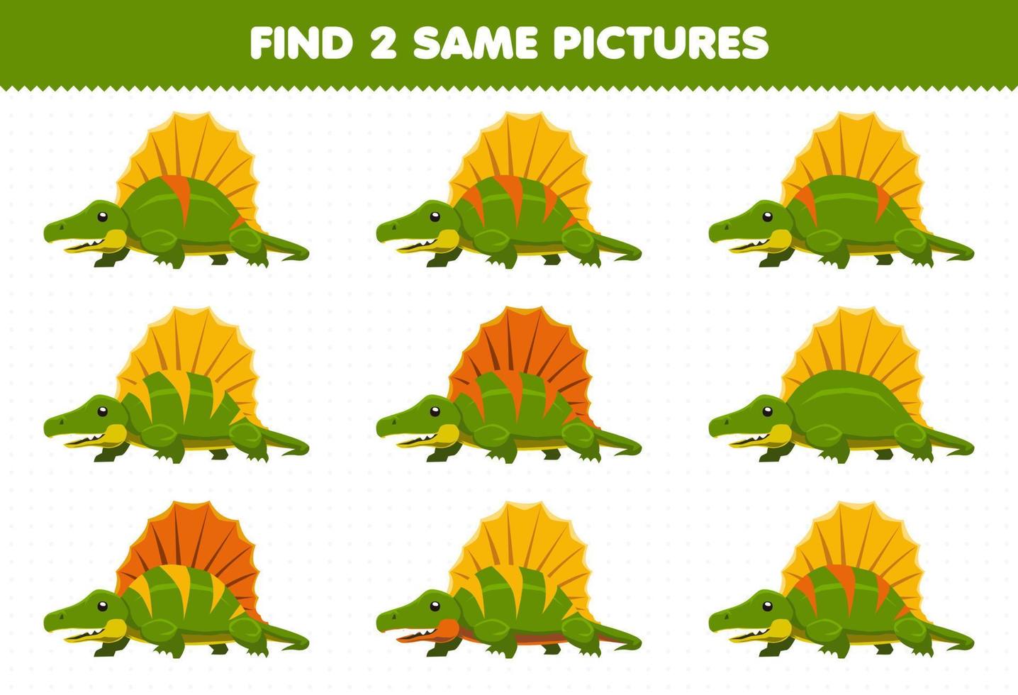 Education game for children find two same pictures cute cartoon prehistoric dinosaur dimetrodon vector