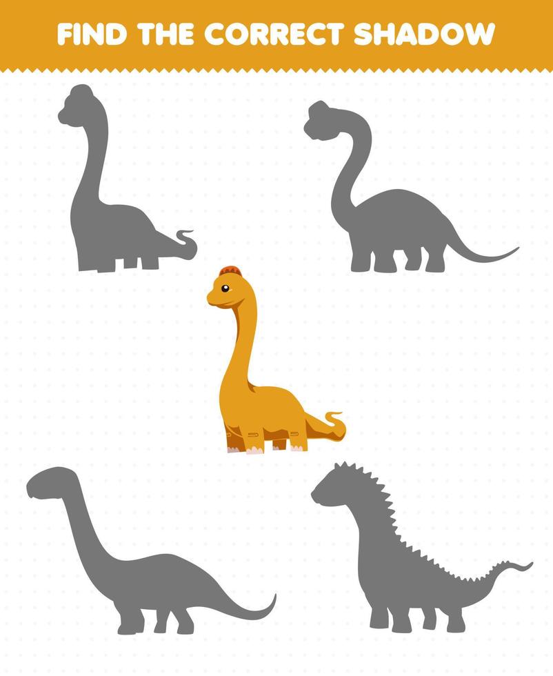 Education game for children find the correct shadow set of cute cartoon prehistoric dinosaur brontosaurus vector