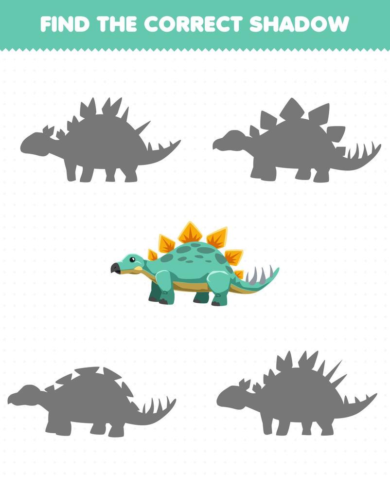 Education game for children find the correct shadow set of cute cartoon prehistoric dinosaur stegosaurus vector