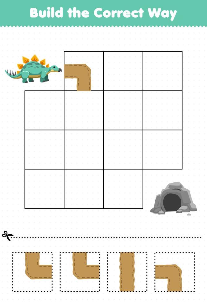 Education game for children build the correct way help cute prehistoric dinosaur stegosaurus move to cave vector
