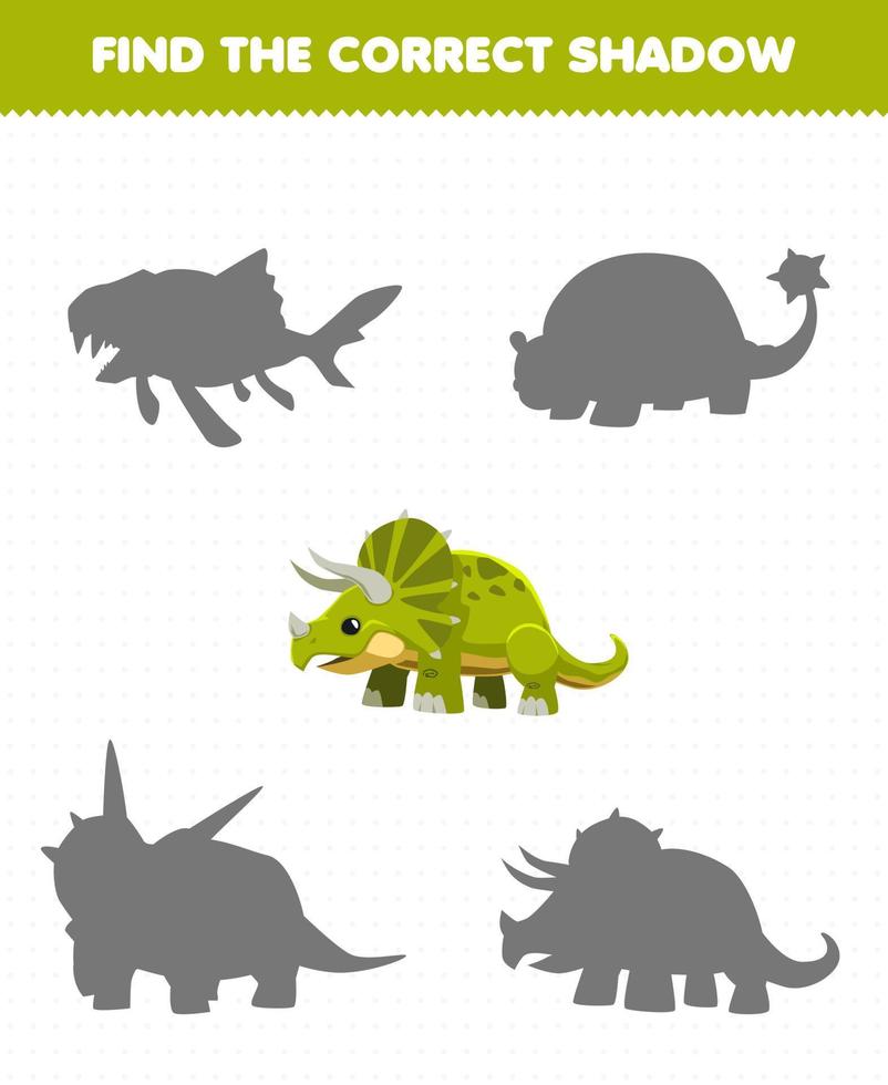 juego educativo para niños encuentra el juego de sombras correcto de triceratops de dinosaurio prehistórico de dibujos animados lindo vector