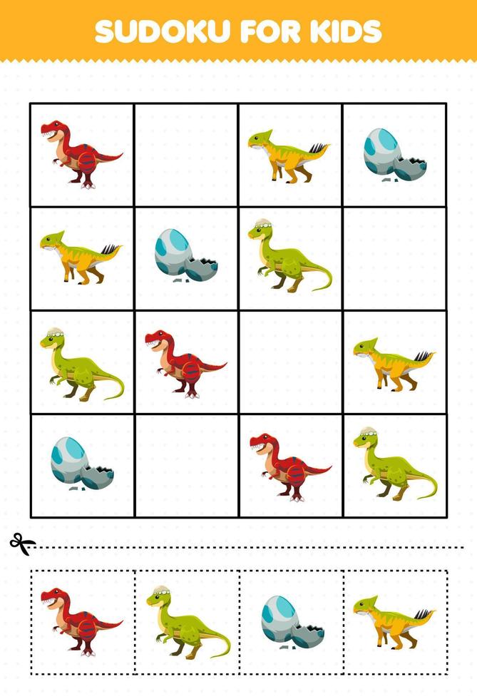 Education game for children sudoku for kids with cute cartoon prehistoric dinosaur tyrannosaurus pachycephalosaurus leptoceratops egg picture vector