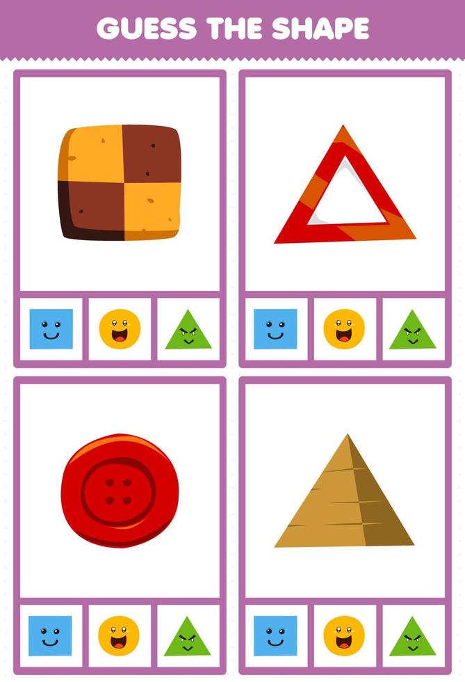 Education game for children guess the shape geometric figures and objects square biscuit circle button triangle emergency sign pyramid worksheet vector