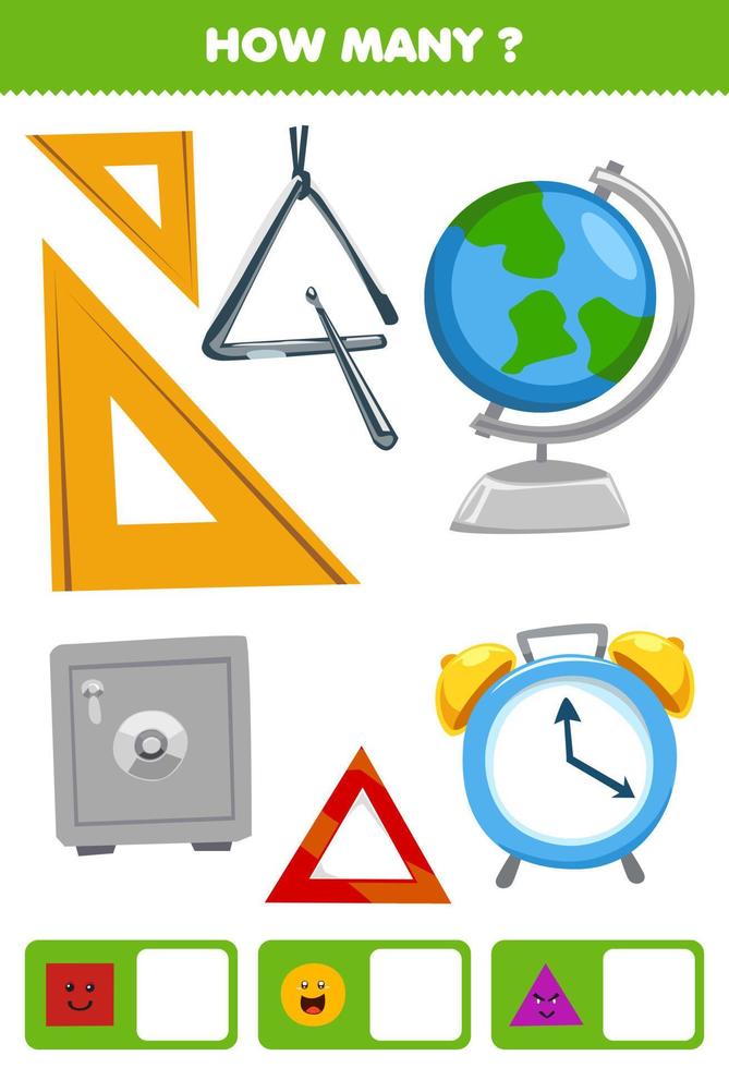 Education game for children searching and counting how many objects like geometric shape square circle triangle cartoon safe box globe clock ruler vector