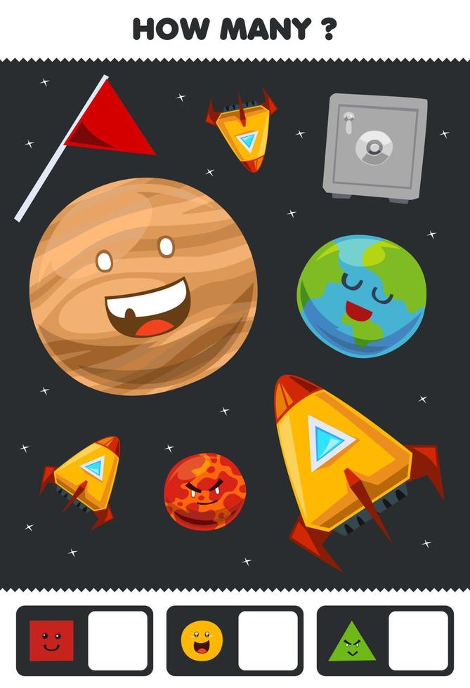 juego educativo para niños buscando y contando cuántos objetos como forma geométrica cuadrado círculo triángulo dibujos animados planeta tierra cohete bandera caja fuerte vector
