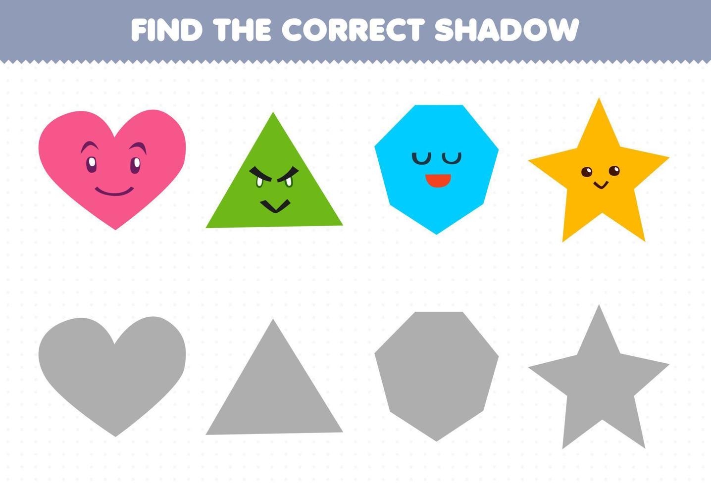 juego educativo para niños encontrar la sombra correcta conjunto de dibujos animados lindo forma geométrica corazón triángulo heptágono estrella vector