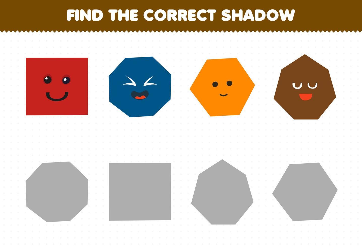 juego educativo para niños encontrar la sombra correcta conjunto de dibujos animados lindo forma geométrica cuadrado octágono hexágono heptágono vector