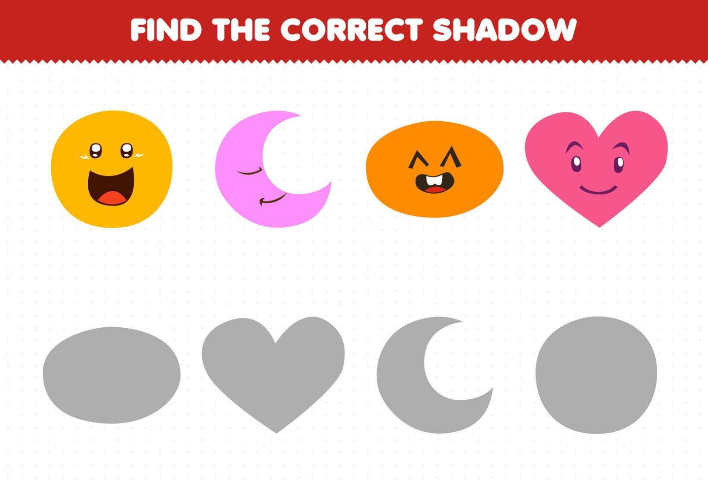 juego educativo para niños encontrar la sombra correcta conjunto de dibujos animados lindo forma geométrica círculo media luna corazón ovalado vector