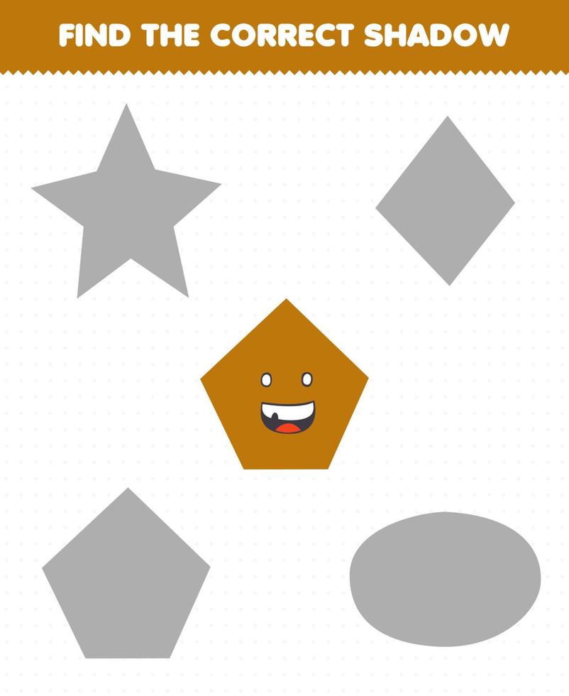 Education game for children find the correct shadow set of cute cartoon geometric shape pentagon vector