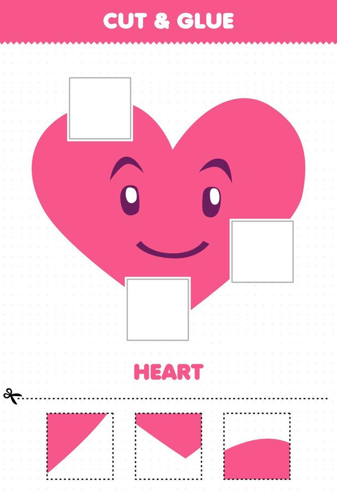 Education game for children cut and glue cut parts of cute cartoon geometric shape heart and glue them printable worksheet vector
