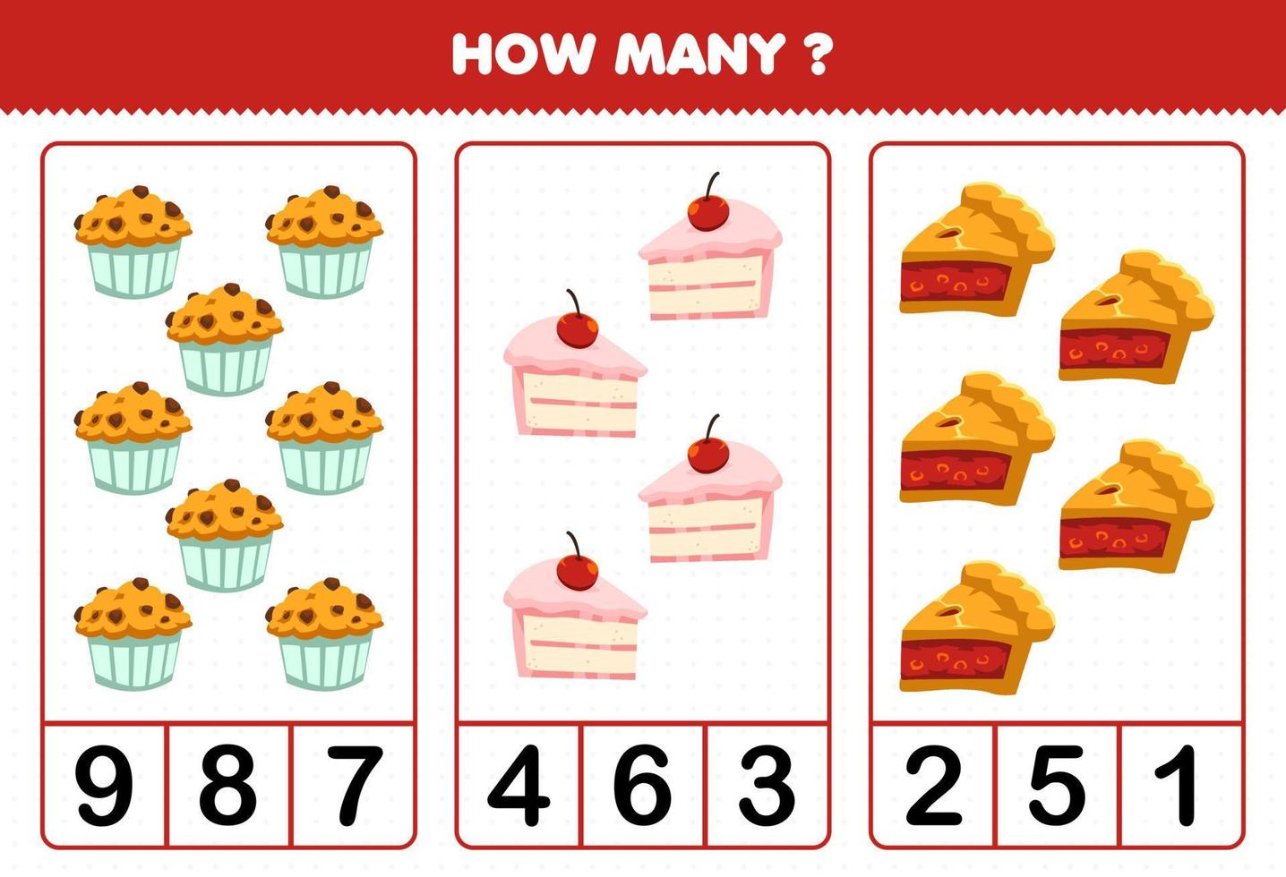 Education game for children counting how many cartoon food muffin cake pie vector