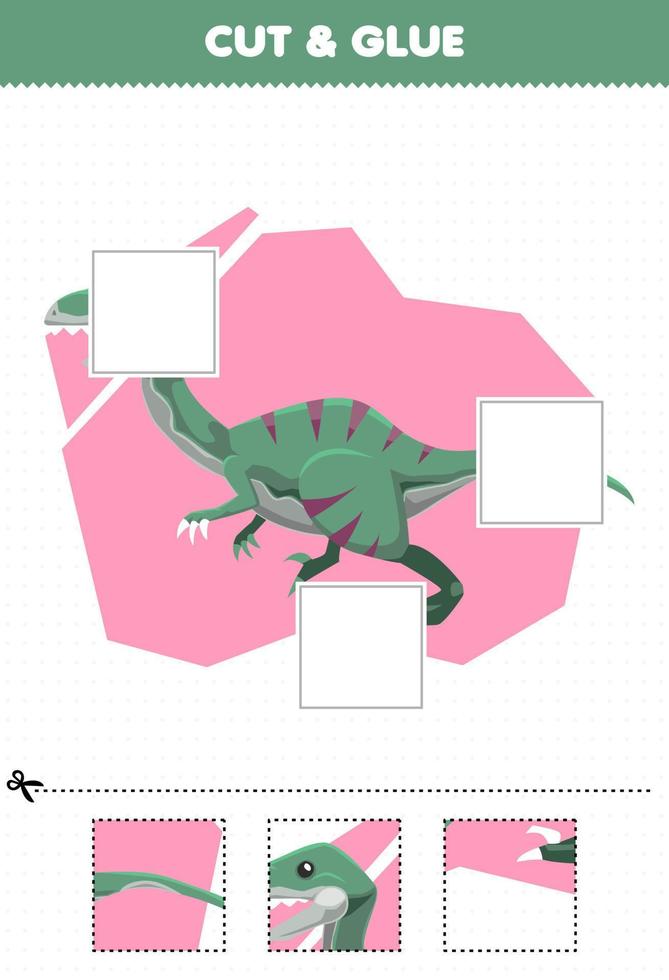 juego educativo para niños corta y pega partes cortadas de dibujos animados lindo dinosaurio prehistórico velociraptor y pégalos hoja de trabajo imprimible vector