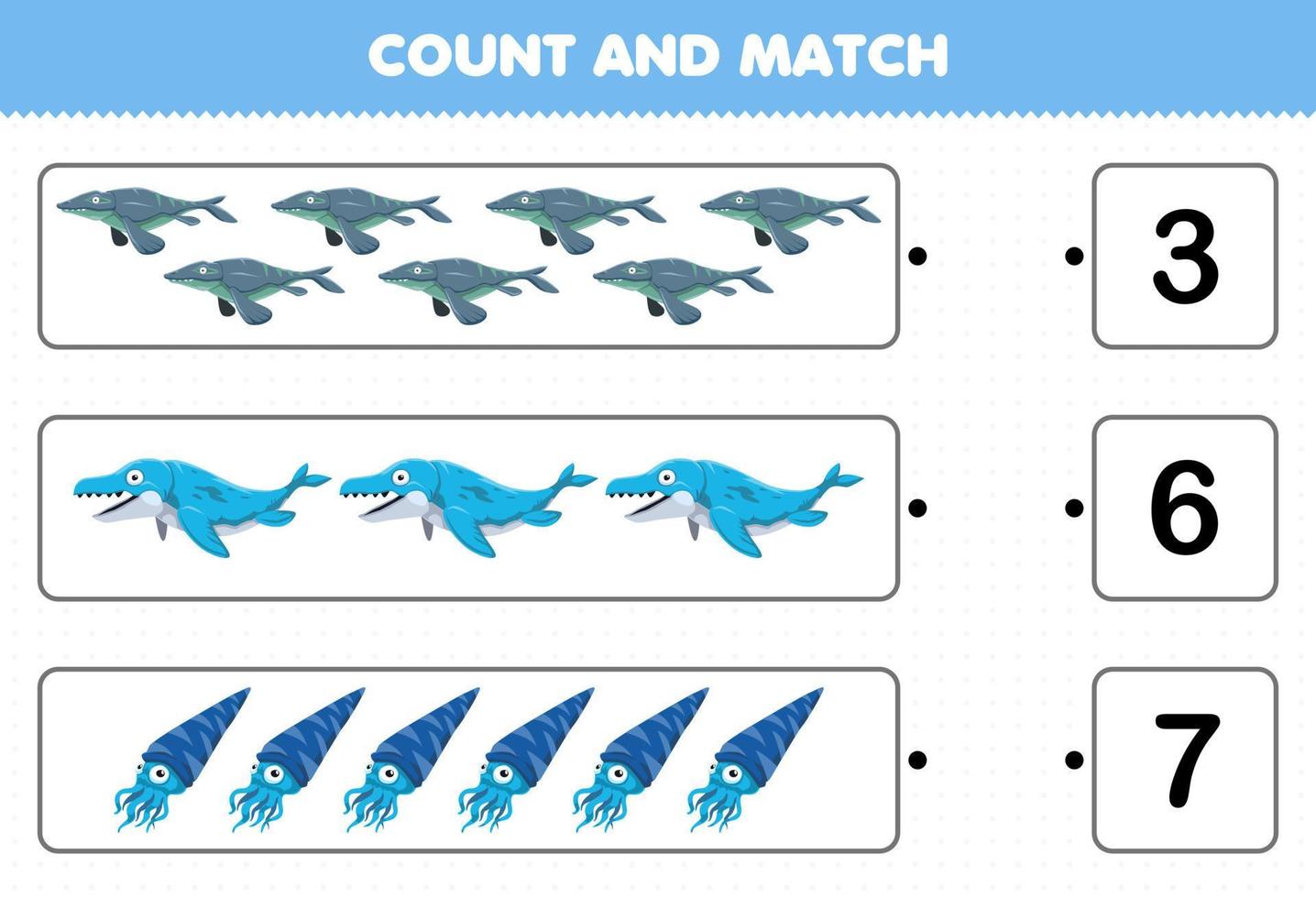 Education game for children count and match count the number of cartoon prehistoric water dinosaur and match with the right numbers printable worksheet vector