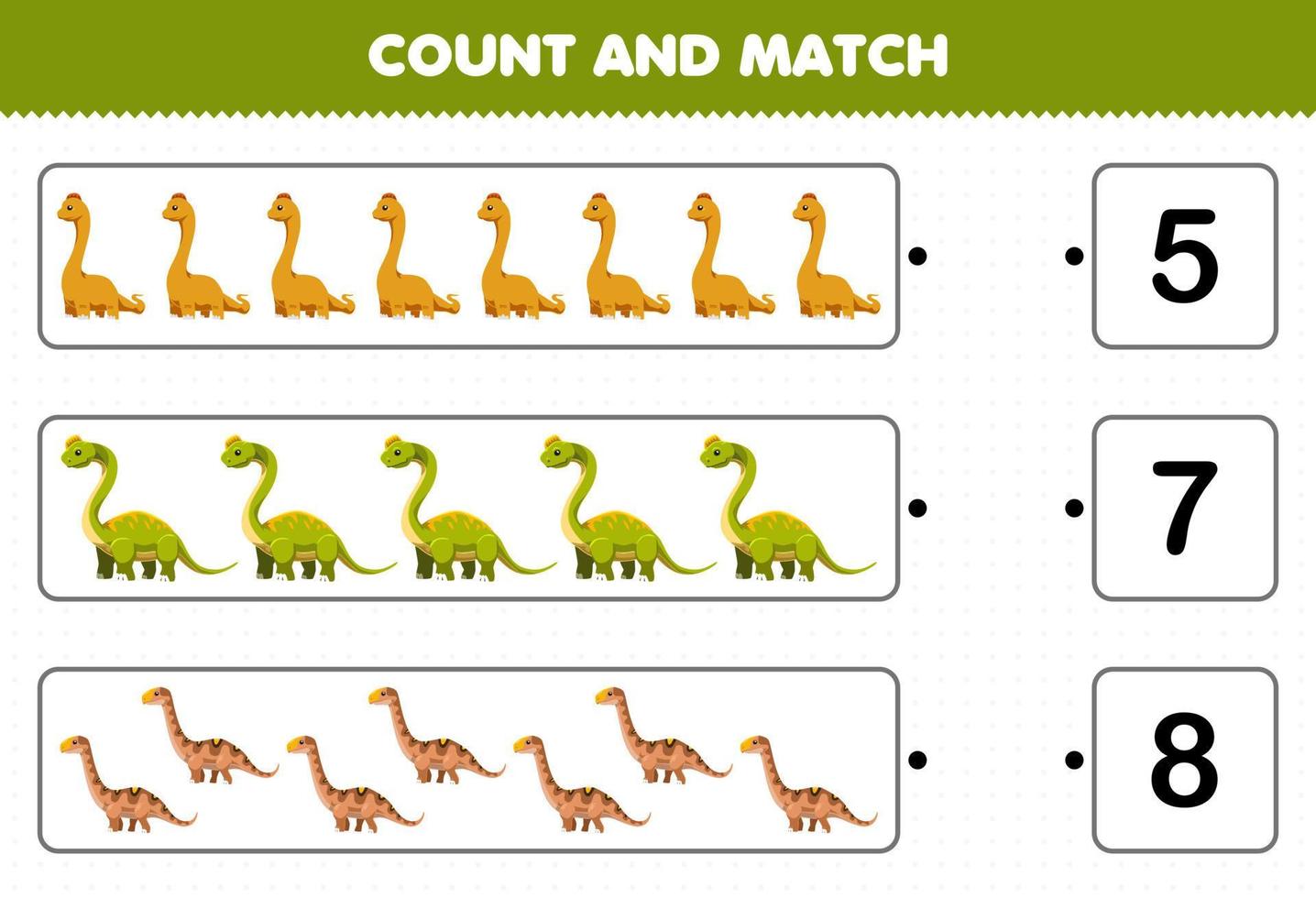 juego educativo para niños contar y combinar contar el número de dinosaurios  prehistóricos de cuello largo de dibujos animados y combinar con los  números correctos hoja de trabajo imprimible 9638958 Vector en