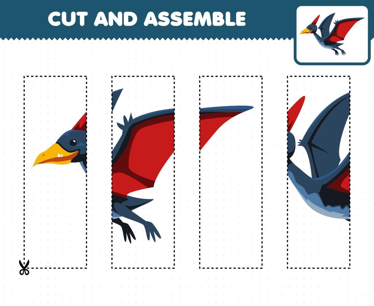 juego educativo para niños práctica de corte y armar rompecabezas con dibujos animados dinosaurio prehistórico pteranodon vector