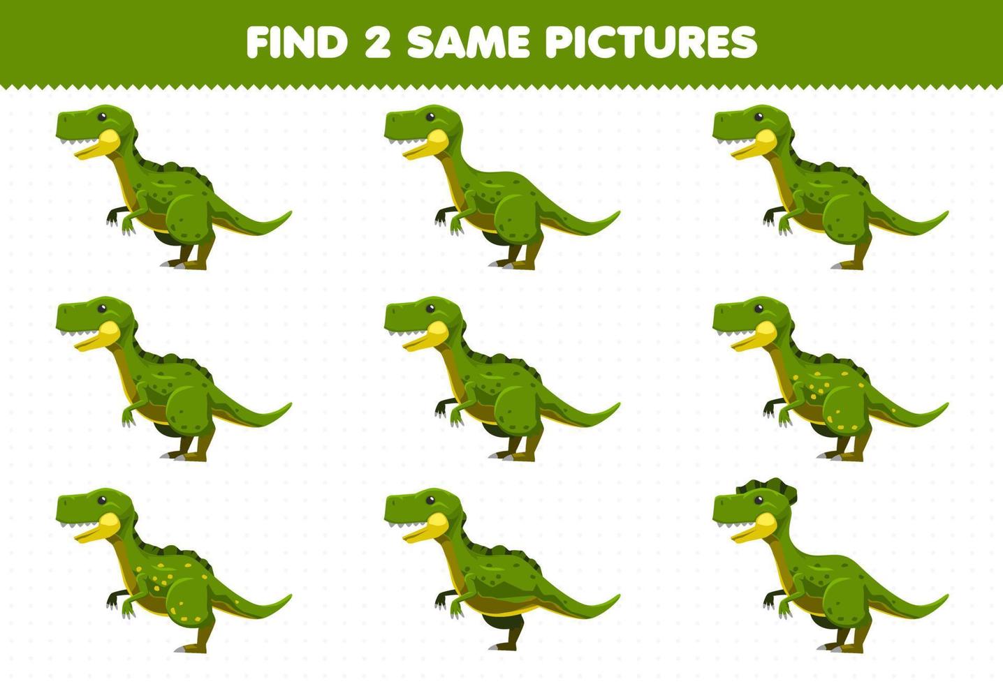 Education game for children find two same pictures cute cartoon prehistoric dinosaur yangchuanosaurus vector