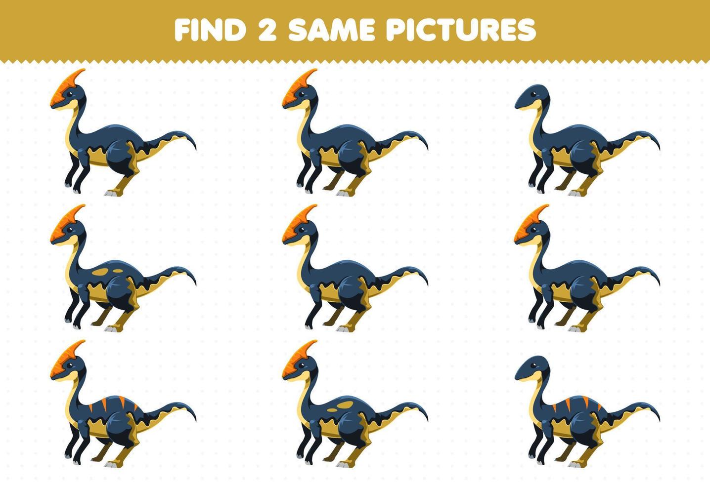 Education game for children find two same pictures cute cartoon prehistoric dinosaur parasaurolophus vector