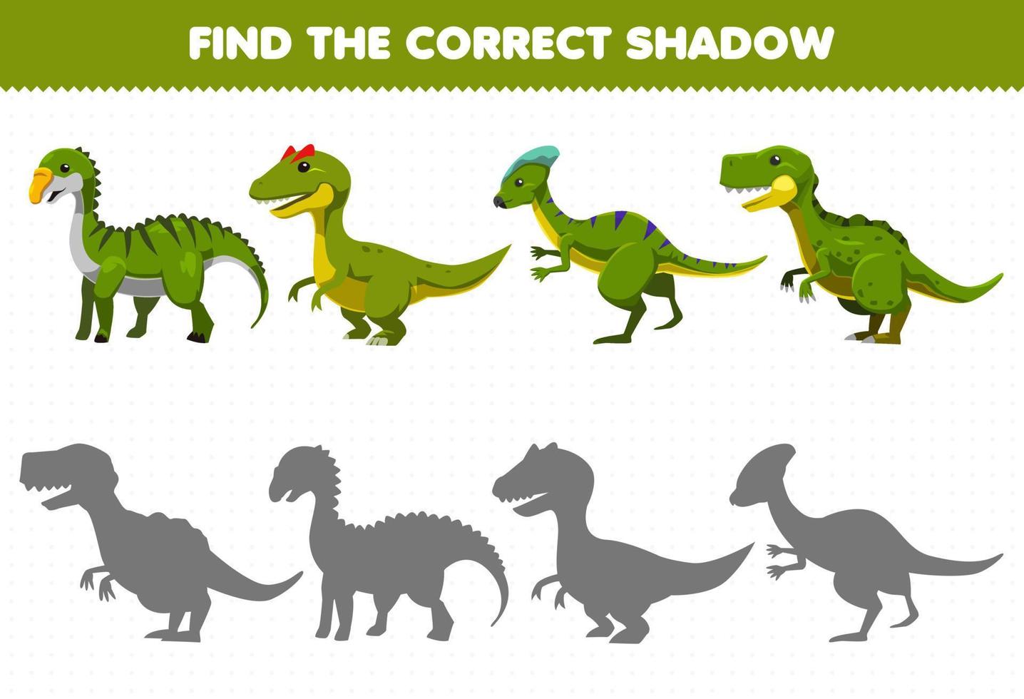 Education game for children find the correct shadow set of cute cartoon prehistoric green dinosaur vector