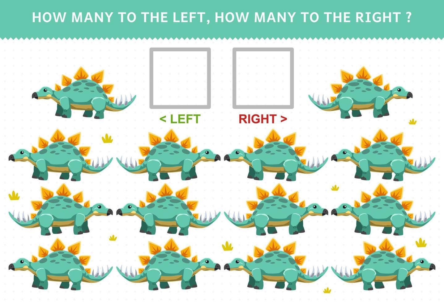 Education game for children of counting left and right picture with cute cartoon prehistoric dinosaur stegosaurus vector