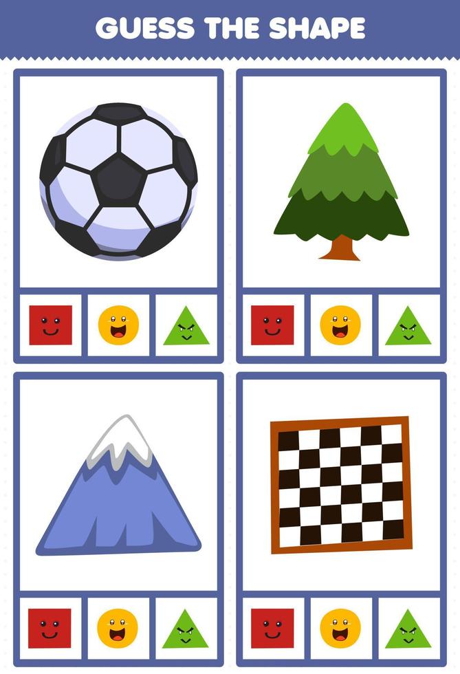 juego educativo para niños adivinar la forma figuras y objetos geométricos cuadrado tablero de ajedrez círculo pelota de fútbol triángulo árbol montaña hoja de trabajo vector