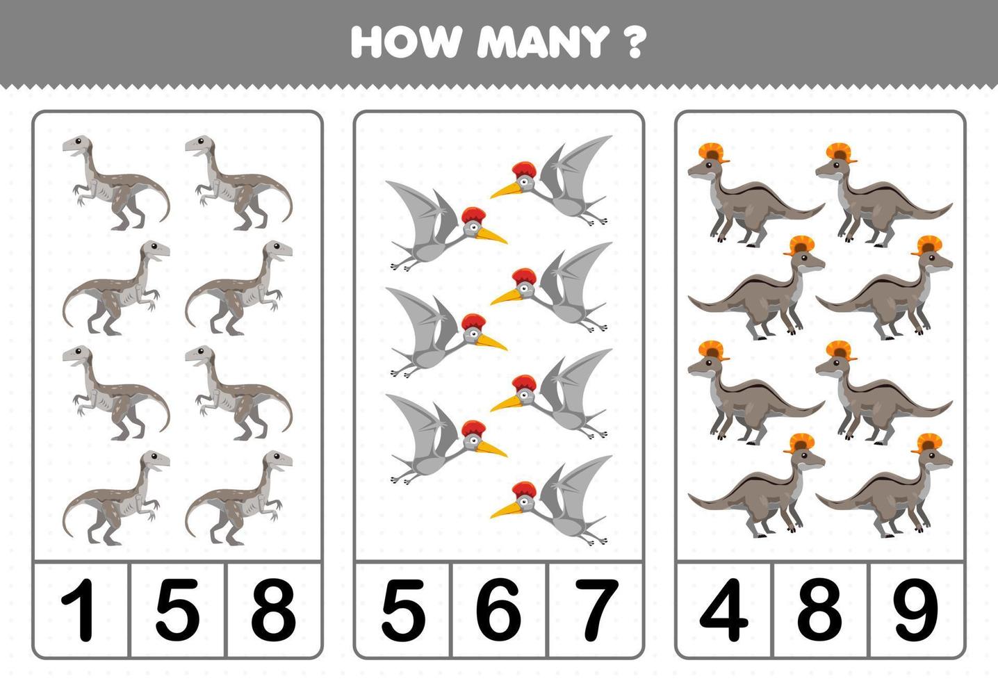 juego educativo para niños contando cuántos dinosaurios grises prehistóricos de dibujos animados lindos vector