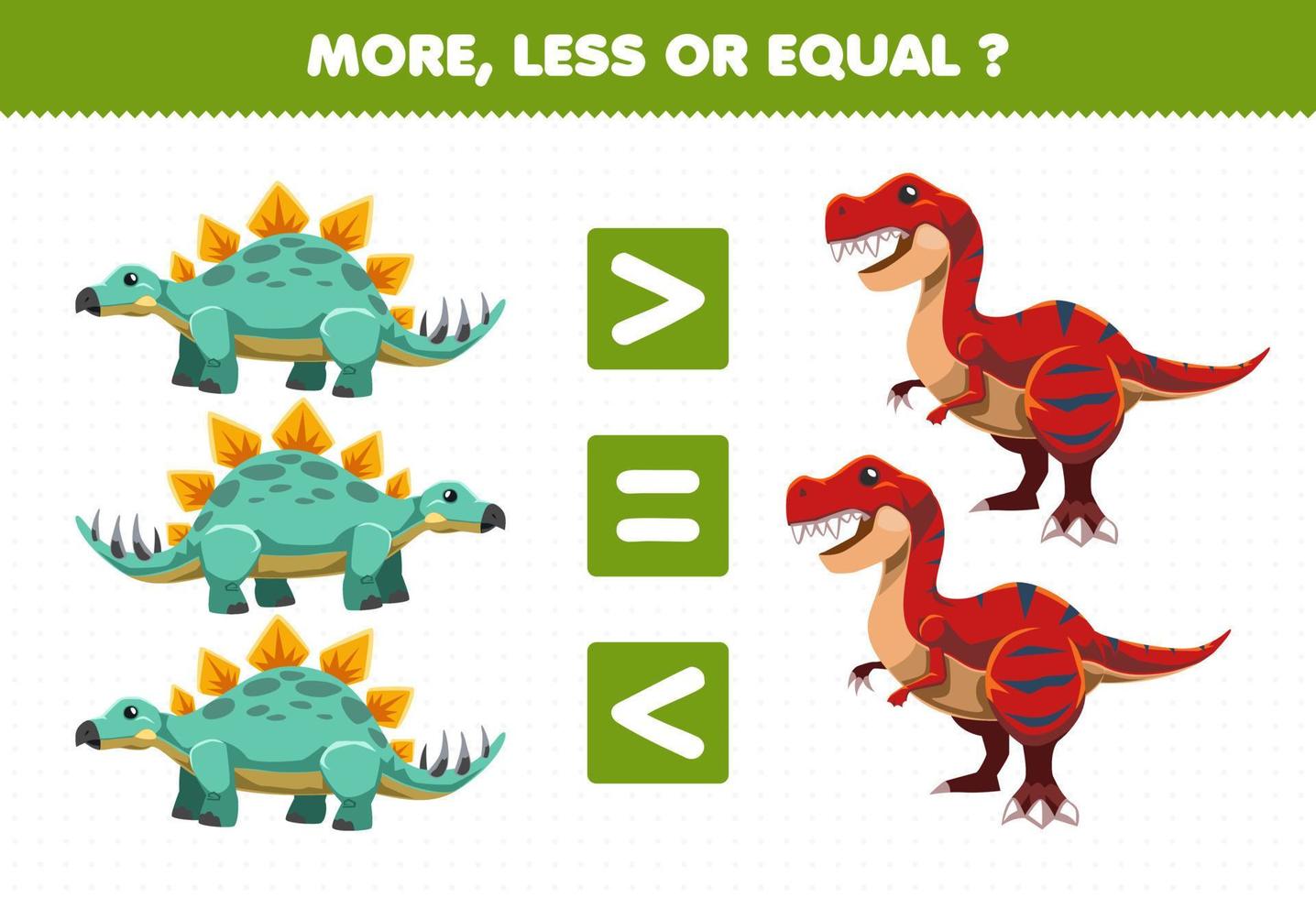 Education game for children more less or equal count the amount of cute cartoon prehistoric dinosaur stegosaurus and tyrannosaurus vector