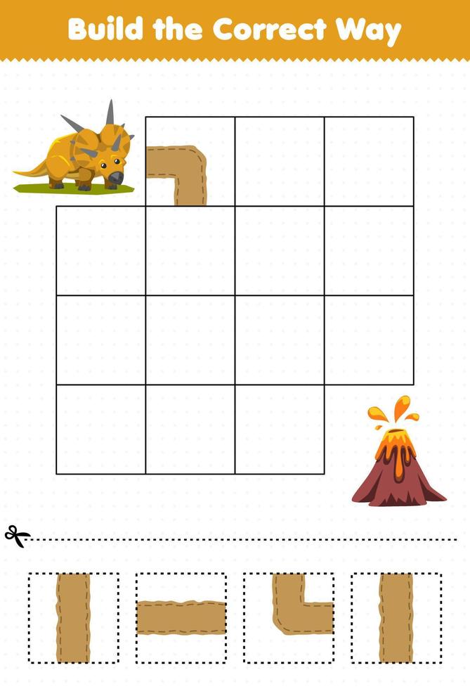 Education game for children build the correct way help cute prehistoric dinosaur xenoceratops move to volcano vector