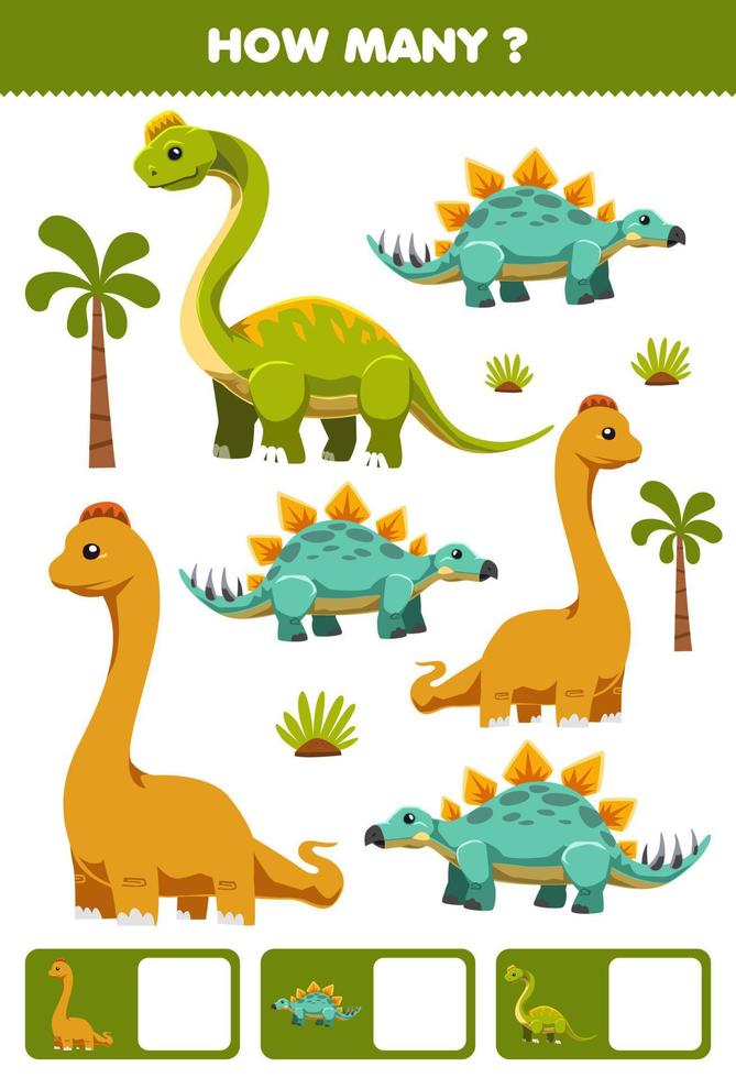 juego educativo para niños buscando y contando actividad para preescolar cuántos dibujos animados dinosaurio prehistórico brontosaurio estegosaurio ultrasaurio vector