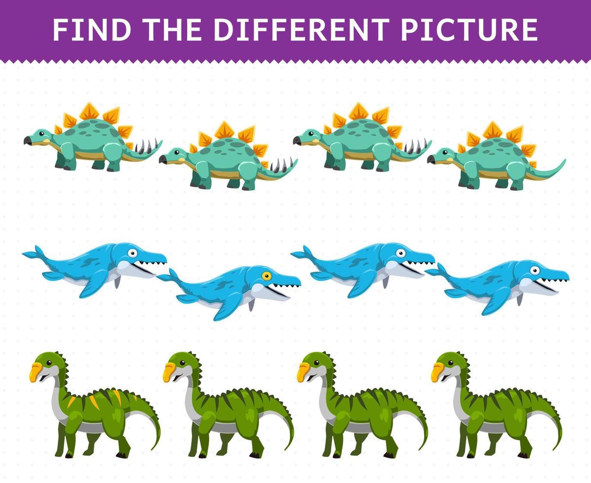 Education game for children find the different picture in each row cartoon prehistoric dinosaur stegosaurus mosasaurus gryposaurus vector