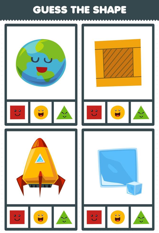 juego educativo para niños adivinar la forma figuras y objetos geométricos caja de madera cuadrada bloque de hielo círculo tierra planeta triángulo cohete hoja de trabajo vector