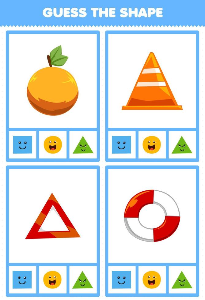 Education game for children guess the shape geometric figures and objects circle orange lifebuoy triangle emergency sign traffic cone worksheet vector