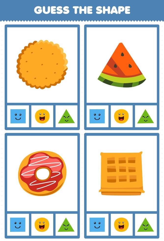Education game for children guess the shape geometric figures and objects square waffle circle biscuit donut triangle watermelon slice worksheet vector