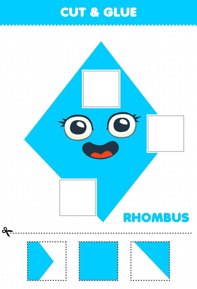 Education game for children cut and glue cut parts of cute cartoon geometric shape rhombus and glue them printable worksheet vector