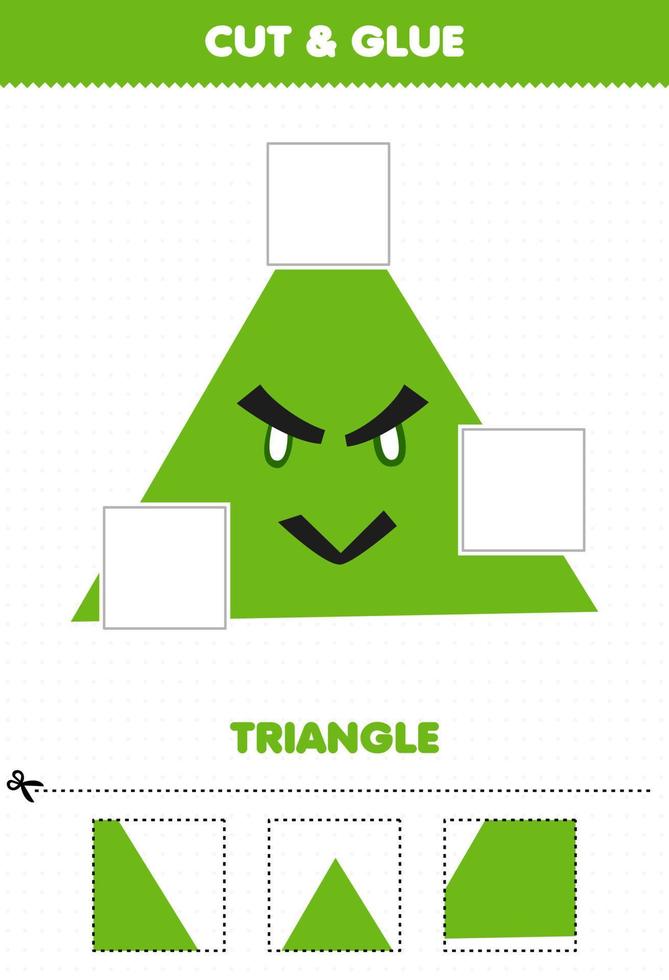 Education game for children cut and glue cut parts of cute cartoon geometric shape triangle and glue them printable worksheet vector