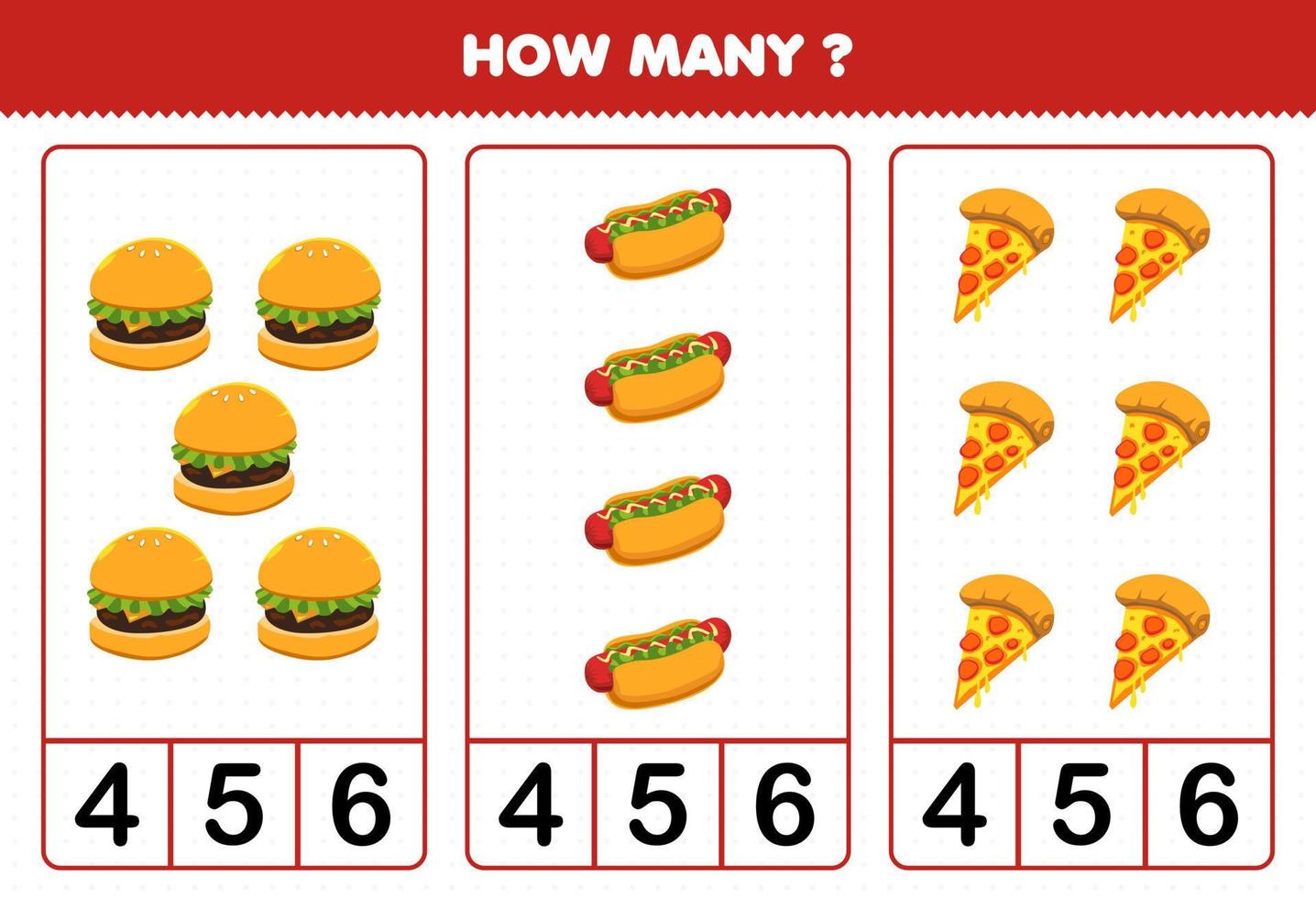 Education game for children counting how many cartoon food burger hotdog pizza vector