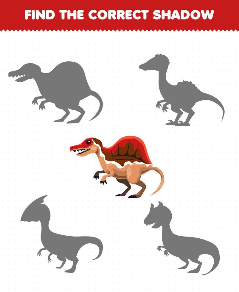 Education game for children find the correct shadow set of cute cartoon prehistoric dinosaur spinosaurus vector