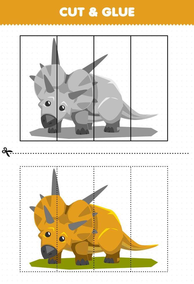 Education game for children cut and glue with cute cartoon prehistoric dinosaur xenoceratops vector
