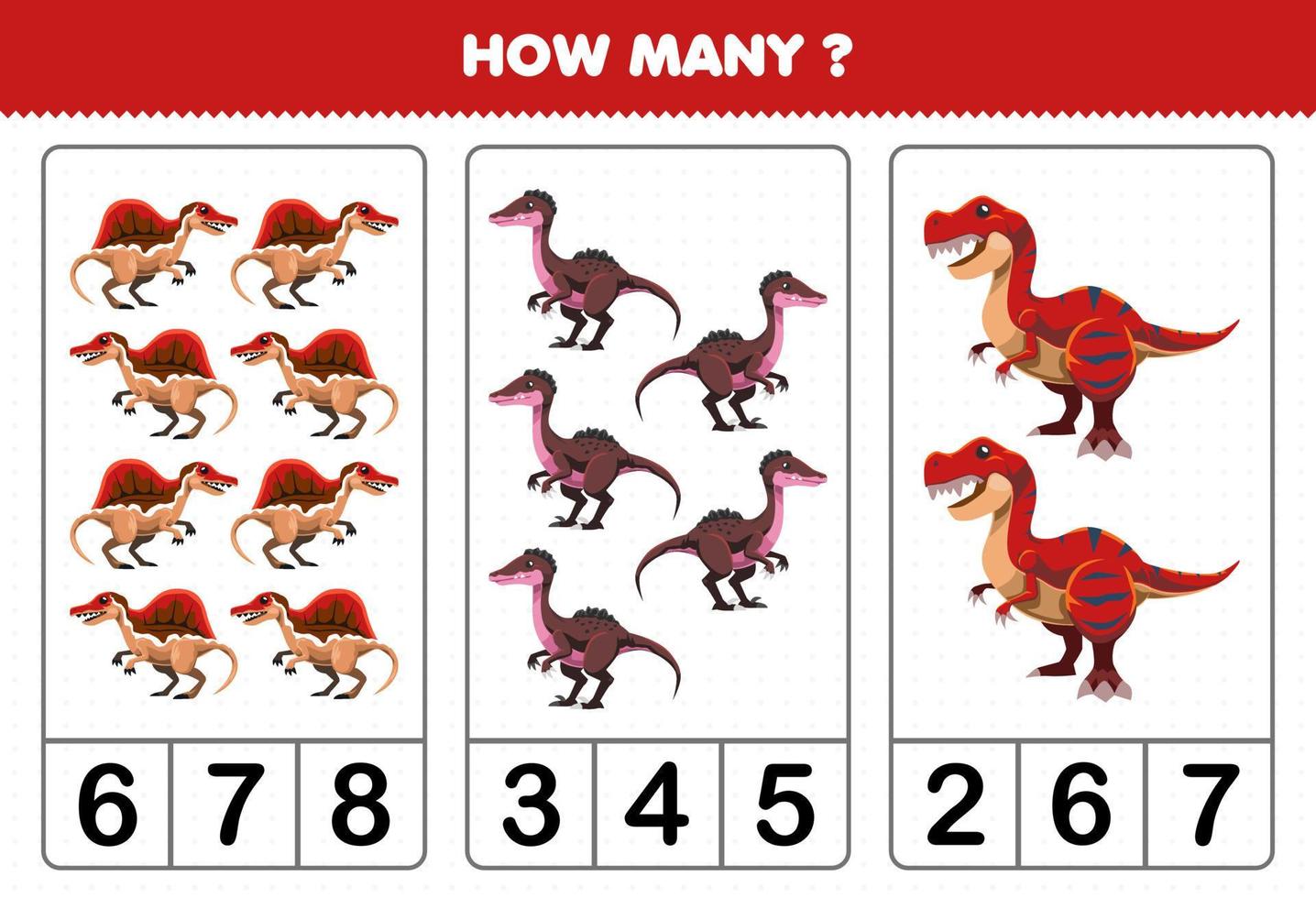 Education game for children counting how many cute cartoon prehistoric red dinosaur vector