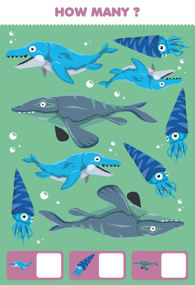 Education game for children searching and counting activity for preschool how many cartoon prehistoric water dinosaur mosasaurus tylosaurus vector