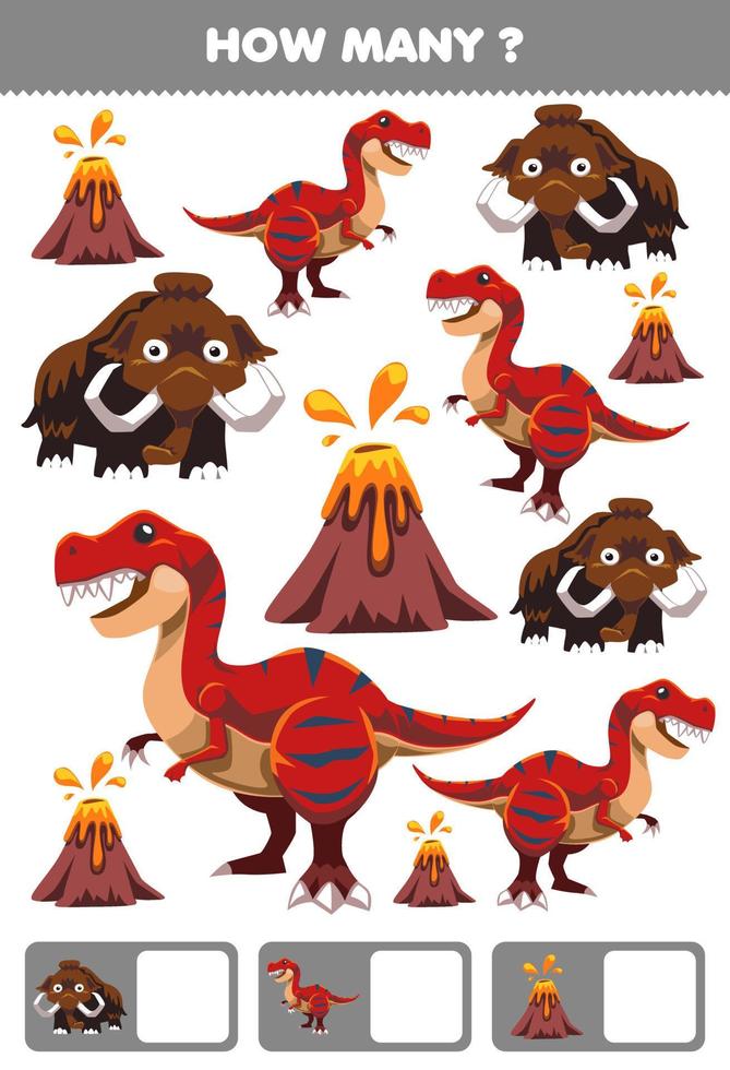 Education game for children searching and counting activity for preschool how many cartoon prehistoric dinosaur tyrannosaurus mammoth volcano vector