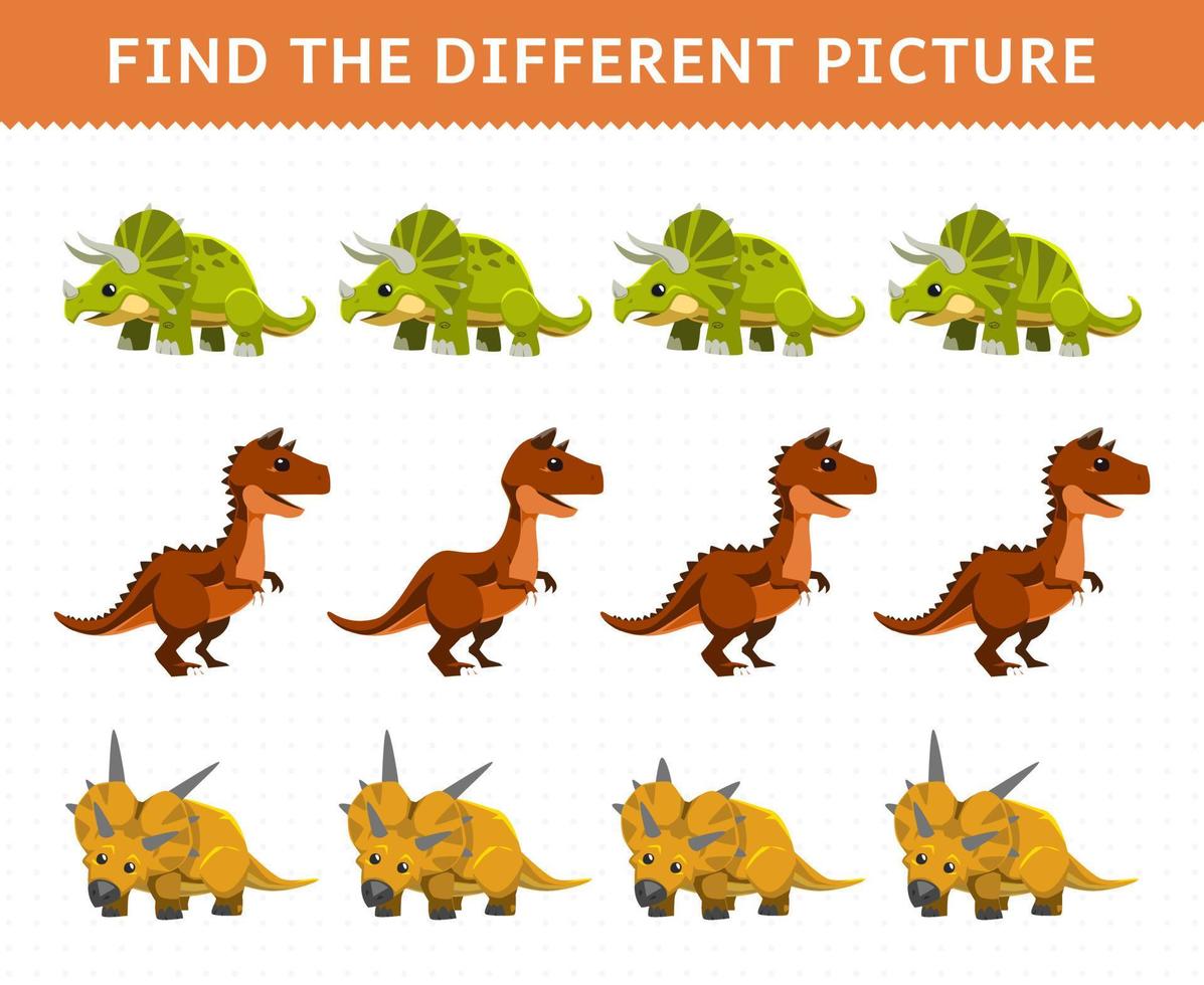 Education game for children find the different picture in each row cartoon prehistoric dinosaur triceratops carnotaurus xenoceratops vector