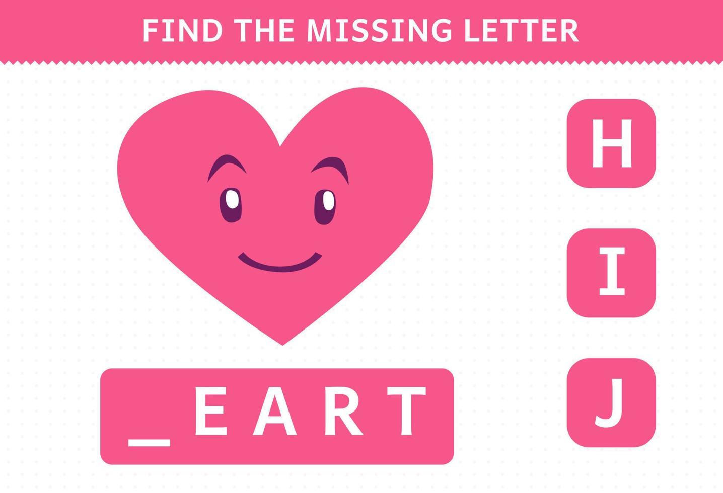 juego de educación para niños encontrar hoja de trabajo de corazón de forma geométrica de dibujos animados de letras faltantes vector