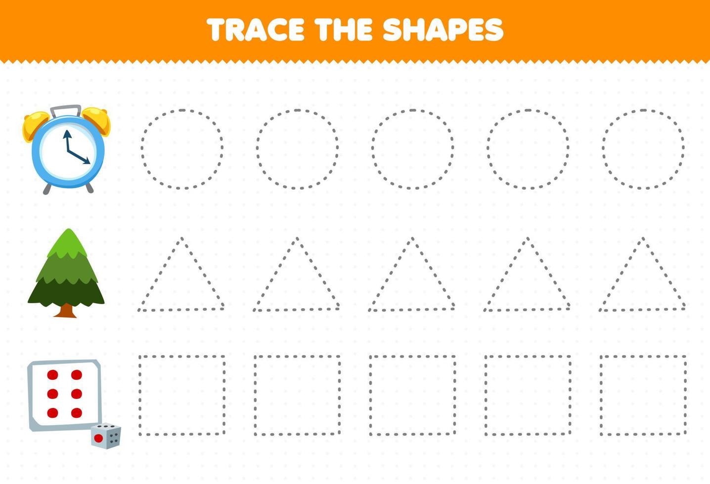 juego educativo para niños rastrear las formas cuadrado dado triángulo árbol círculo reloj hoja de trabajo imprimible vector