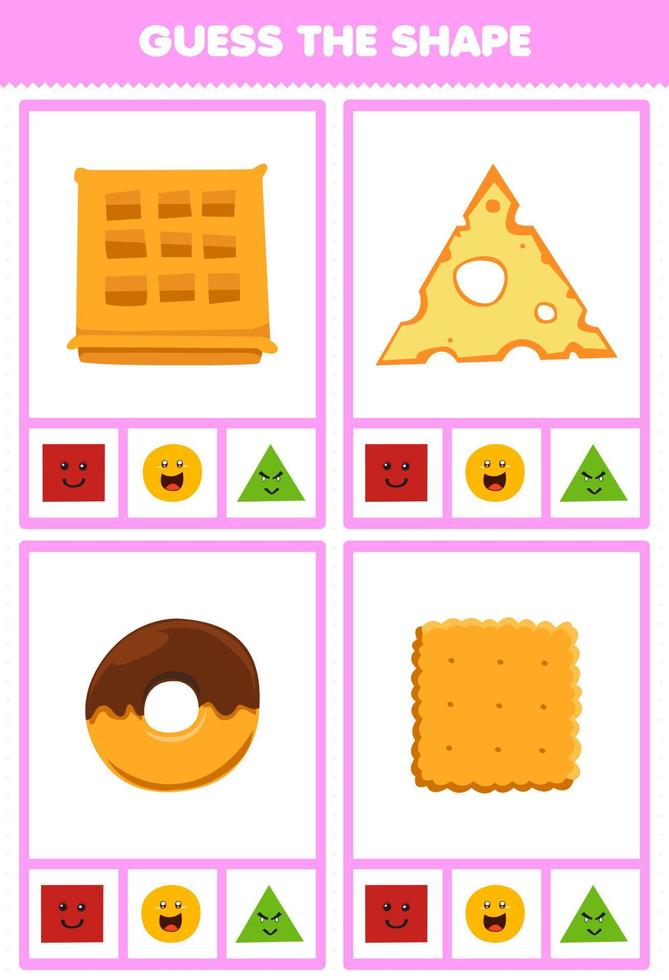juego educativo para niños adivinar la forma figuras y objetos geométricos cuadrado galleta waffle círculo donut triángulo rebanada de queso hoja de trabajo vector